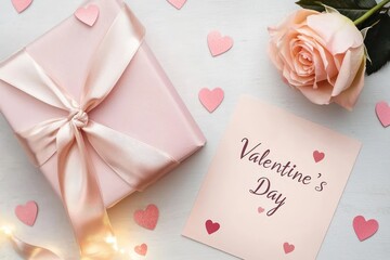 A soft pink gift wrapped in satin ribbon, a cute "Valentines Day" card beside it, heart-shaped confetti scattered around, and a fresh rose