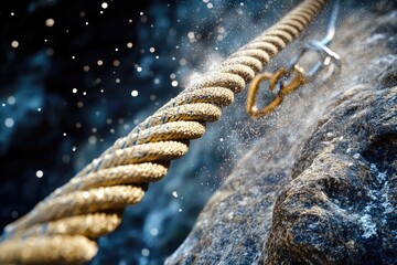 A climbing rope secured on a sheer rock face, with chalk dust flying as it grips the surface.
