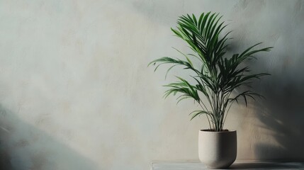 95.A serene scene of a tall leafy indoor plant in a ceramic planter, positioned near a blank white wall with subtle textural details, creating a modern and tranquil ambiance.
