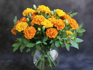 A cheerful bouquet of yellow and orange marigolds with vibrant greenery in a simple clear vase.