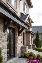 Modern Stone House Exterior: Luxury Home Design and Architecture. Real Estate Photography showcasing elegant facade, landscaping, and entrance.