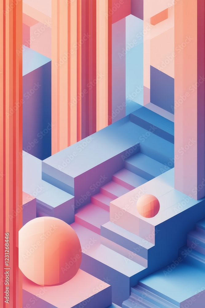 Poster a colorful abstract painting of a building with stairs and a ball. the painting has a bright and liv