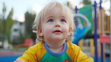 Toddler looking up at playground, outdoor fun