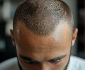 Fototapeta premium close up view of man scalp showing micropigmentation, highlighting natural look and even color. hair is short and neatly styled, emphasizing scalp treatment