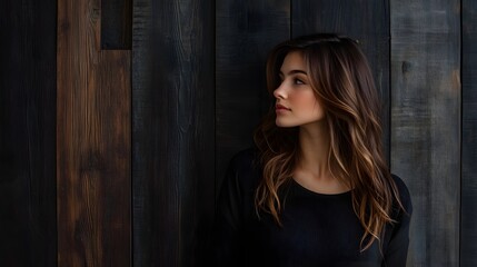 Fototapeta premium Woman, profile, wooden wall, pensive, background, portrait, beauty, fashion