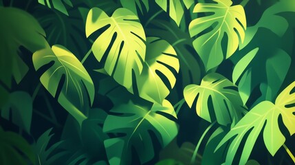 6.A vibrant monstera pattern with lush green branches arranged horizontally, highlighted by simple flat vector shapes and subtle shadows for depth.