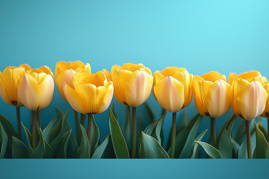 Bright yellow tulips against vibrant blue background create cheerful and fresh atmosphere, perfect for spring decor or floral arrangements