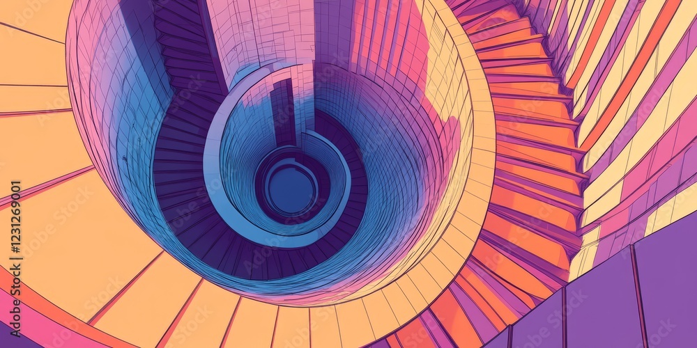 Poster A vibrant abstract illustration of a spiral staircase with bold geometric patterns and vivid colors, creating a dynamic visual effect.