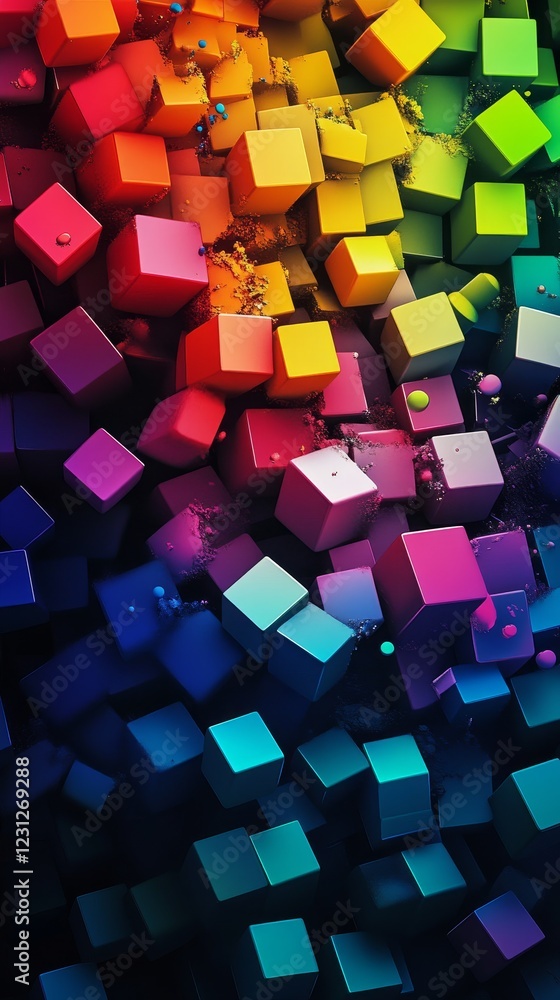 Poster a stunning abstract composition featuring vibrant geometric cubes in various colors, creating a dyna