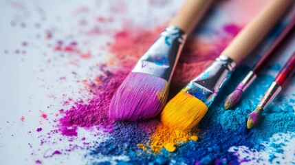 Fototapeta premium Close Up of Paint Brushes in Vibrant Pink Purple Yellow and Blue Powder