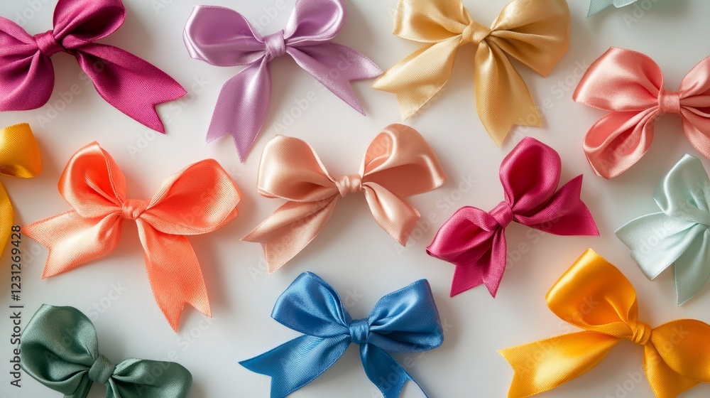 Poster a bunch of colorful bows are arranged on a white background. the bows are of different colors and si