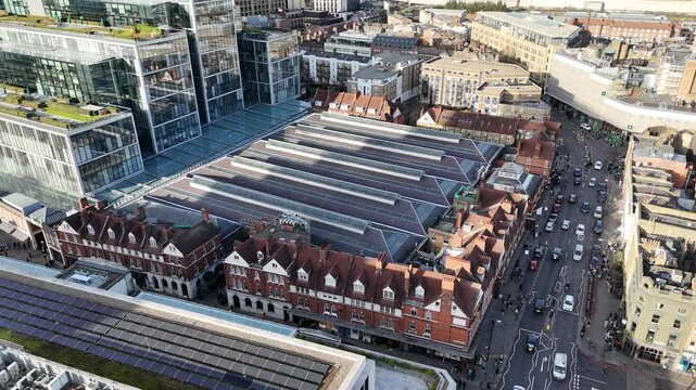 Old Spitalfields market East London UK Panning drone aerial