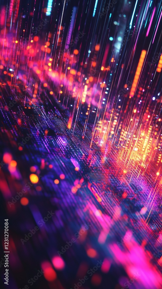 Poster a stunning display of colorful digital light streaks creating a futuristic cyberpunk atmosphere with