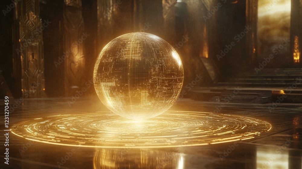Poster a glowing golden sphere in a mystical temple, showcasing futuristic and ancient architectural elemen