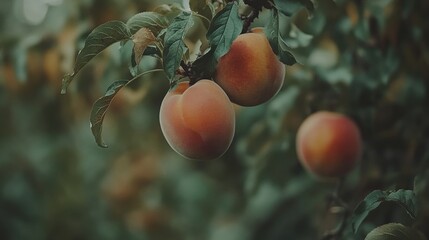 Fresh Peaches Hanging on a Branch in a Lush Orchard Scene