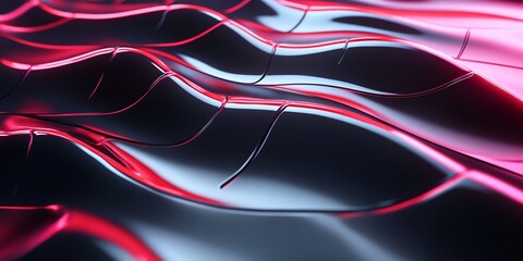 Fototapeta premium Futuristic 3D art with curved, wavey lines, red neon glow, and reflective surfaces in black and red. Rendered in 32k with Unreal Engine 5, cinematic lighting, and ultra-realistic details