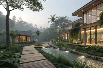 Fototapeta premium bridge over the river in the park with a sleek pool, modern planters, and low-maintenance greenery, blending indoor and outdoor living.