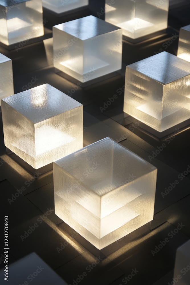 Poster frosted glass cubes with soft lighting form a modern geometric pattern, perfect for minimalist desig