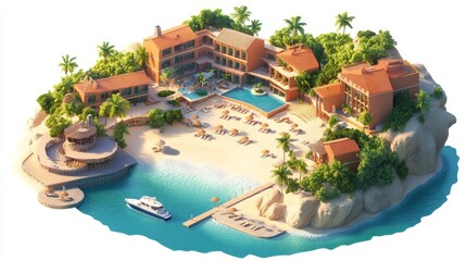 Obraz premium Aerial view of a stunning tropical island resort featuring villas, sandy beaches, lush greenery, and a yacht docked nearby.
