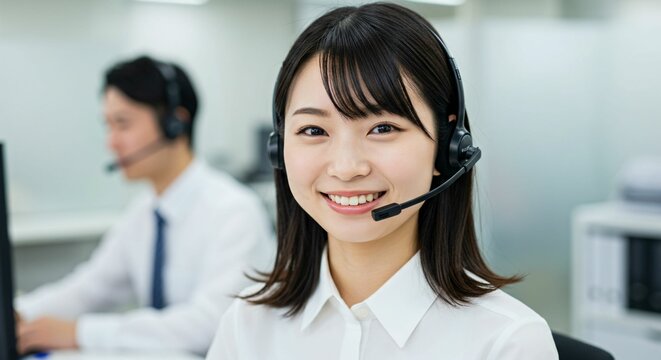 Professional Japanese Call Center Operator Providing Customer Support with a Friendly Smile