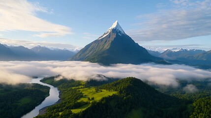 Fototapeta premium Serene Mountain Landscape with a Flowing River and Lush Greenery Under a Bright Blue Sky
