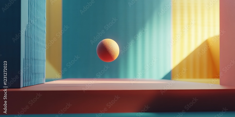 Poster vibrant abstract composition featuring a textured sphere suspended in a colorful geometric environme