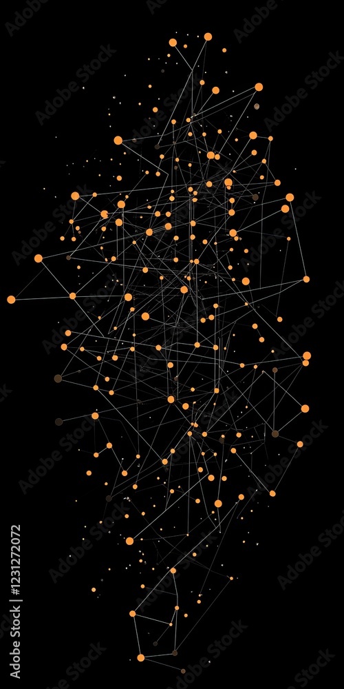Poster abstract digital network with interconnected orange nodes on a black background, symbolizing data fl