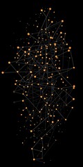 Fototapeta premium Abstract digital network with interconnected orange nodes on a black background, symbolizing data flow and connectivity.