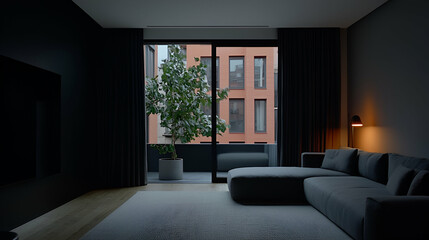 Modern apartment living room with city view