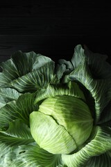 One ripe head of cabbage on black wooden table, top view