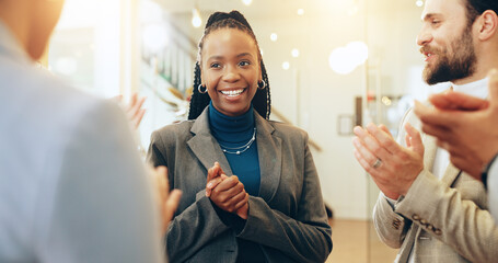 Business people, happy and applause in office for support, positive reinforcement and colleague...