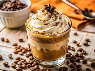 Tasty mocha coffee mousse dessert with whipped cream and roasted coffee beans. Delicious Food background