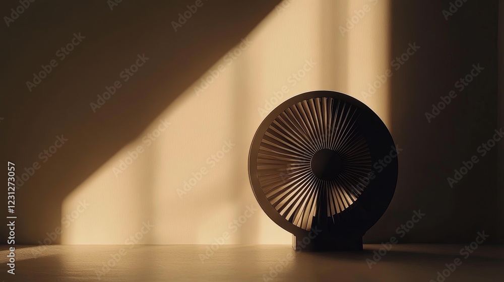 Poster a modern decorative fan casts intricate shadows in warm light, creating an artistic display. the min