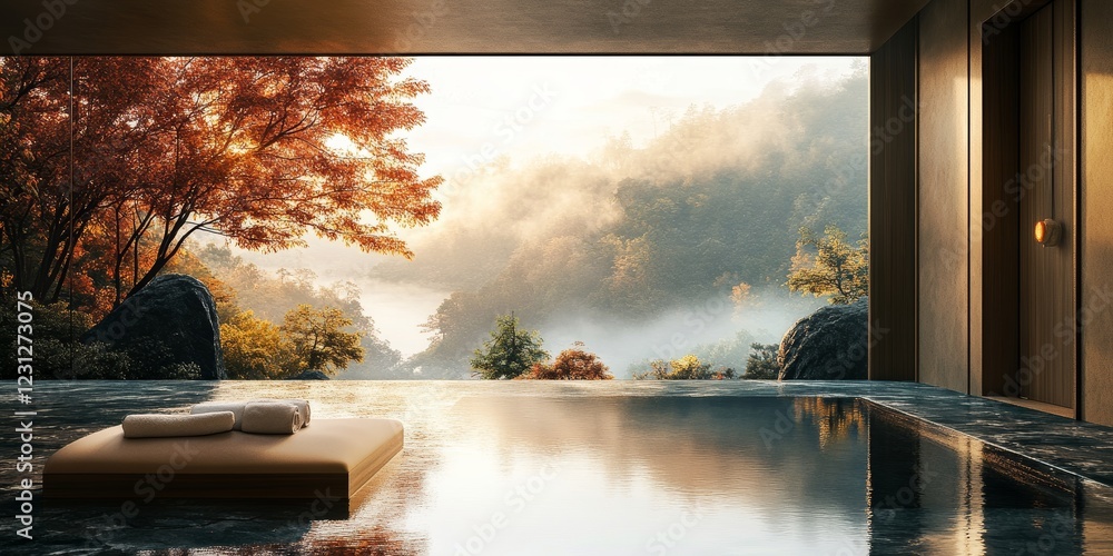 Poster a pool with a view of a forest and a tree. the pool is surrounded by a stone wall
