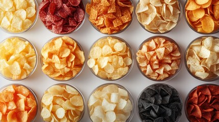 Variety of Colorful Potato Chips in Transparent Bowls on White Background