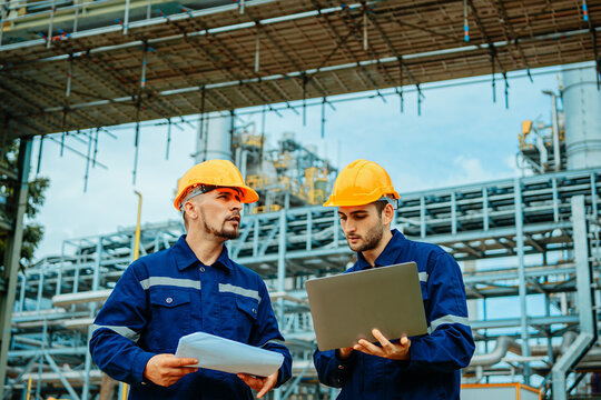 Engineers reviewing project plans at an industrial site during a clear day with construction in progress