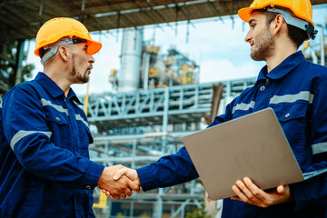 Construction workers shake hands while discussing plans at an industrial site during daylight