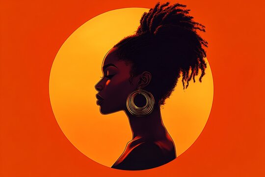 A vibrant graphic illustration featuring an African woman's profile against a warm, glowing background, ideal for National Black History Month promotions or empowerment events.