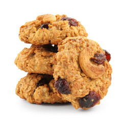 Delicious oatmeal cookies with dried cranberries and nuts isolated on white