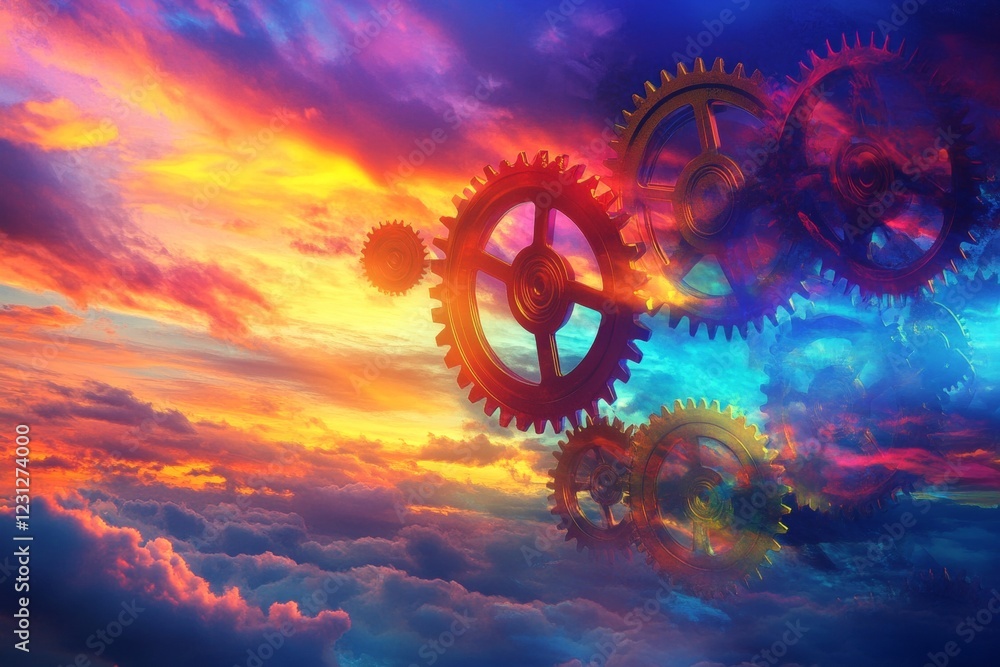 Poster a surreal scene featuring vibrant gears floating in a colorful sky, blending mechanical elements wit