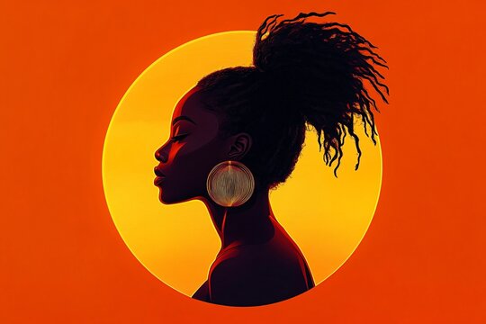 Radiant illustration of an African woman in bold warm tones, ideal for National Black History Month celebrations, empowering designs, and cultural events.