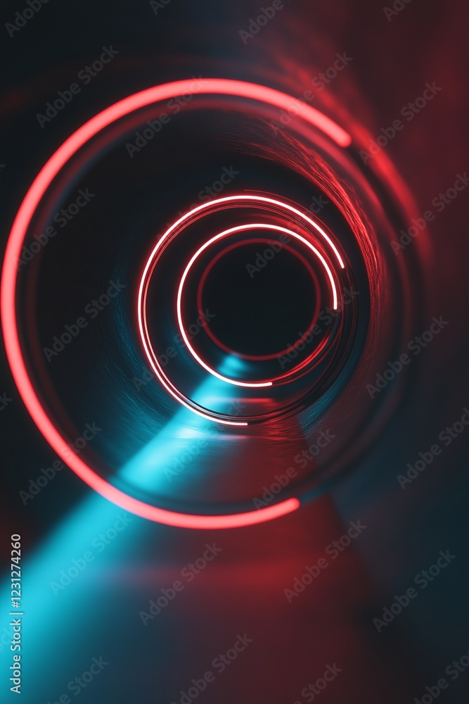 Poster futuristic neon tunnel with glowing red and blue circular lights creating a sci-fi vortex effect