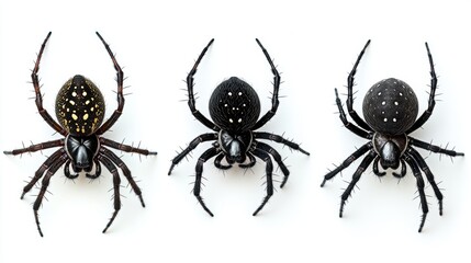 Three Unique Spiders with Distinctive Patterns on White Background