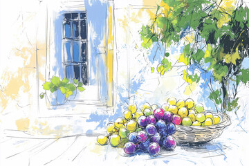 Artistic digital sketch of a picturesque vineyard with grapevines, a hilltop village, tall cypress trees, and distant mountains under a bright sky. Generated by AI
