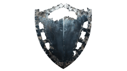 Damaged metal shield showing holes and rust on transparent background