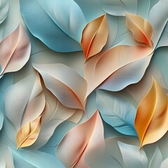 Obraz premium Seamless Abstract Decorative 3D Leaves Patterned Background in Teal and Peach Gradient