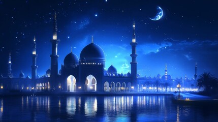 Fototapeta premium Blue Mosque at Night with Crescent Moon and Stars