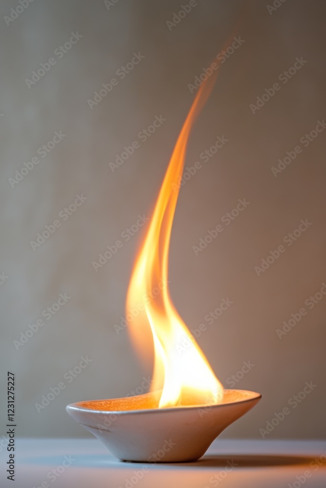Poster a small white bowl with a flame in it. the flame is yellow and it is the only thing in the image