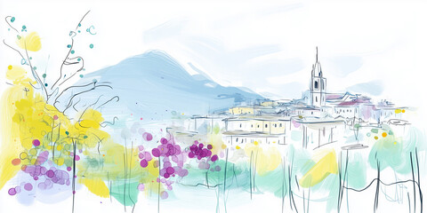 Artistic digital sketch of a picturesque vineyard with grapevines, a hilltop village, tall cypress trees, and distant mountains under a bright sky. Generated by AI
