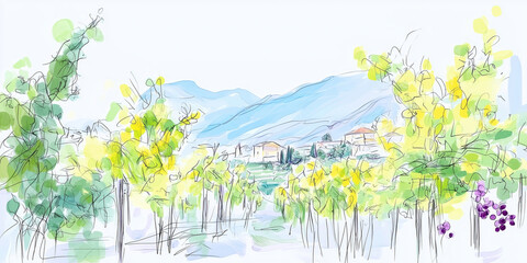 Artistic digital sketch of a picturesque vineyard with grapevines, a hilltop village, tall cypress trees, and distant mountains under a bright sky. Generated by AI
